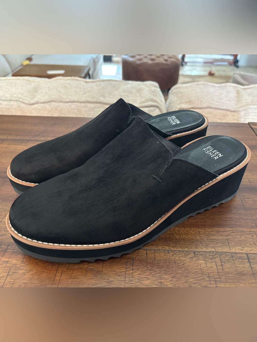 Eileen Fisher Loti Black Tumbled Nubuck Leather Wedge Mules Clogs Shoes Size 10